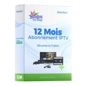Boîte Abonnement IPTV 12 Mois Iron TV Pro Officiel, service IPTV sécurisé et fiable avec streaming HD/4K, compatible avec Smart TV, Android, iOS et Box IPTV.