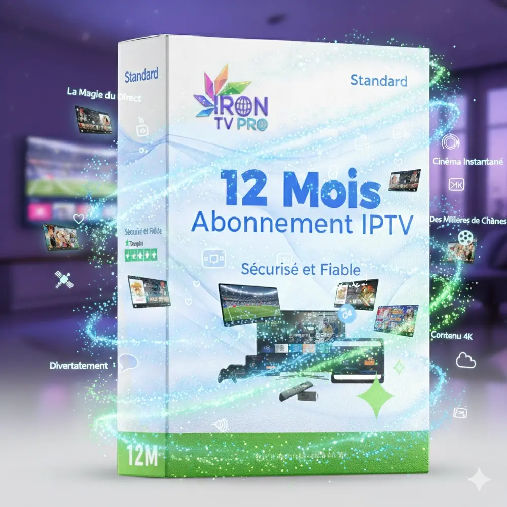 Visuel 3D de l’Abonnement IPTV 12 Mois Iron TV Pro Officiel, avec effets lumineux et appareils connectés illustrant un service IPTV sécurisé, fluide et en 4K.