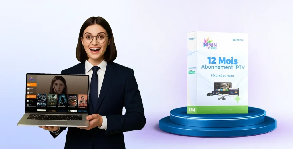 Femme souriante présentant l’Abonnement IPTV 12 Mois Iron TV Pro Officiel, service IPTV fiable avec streaming 4K fluide, compatible avec Smart TV, Android et Box IPTV.