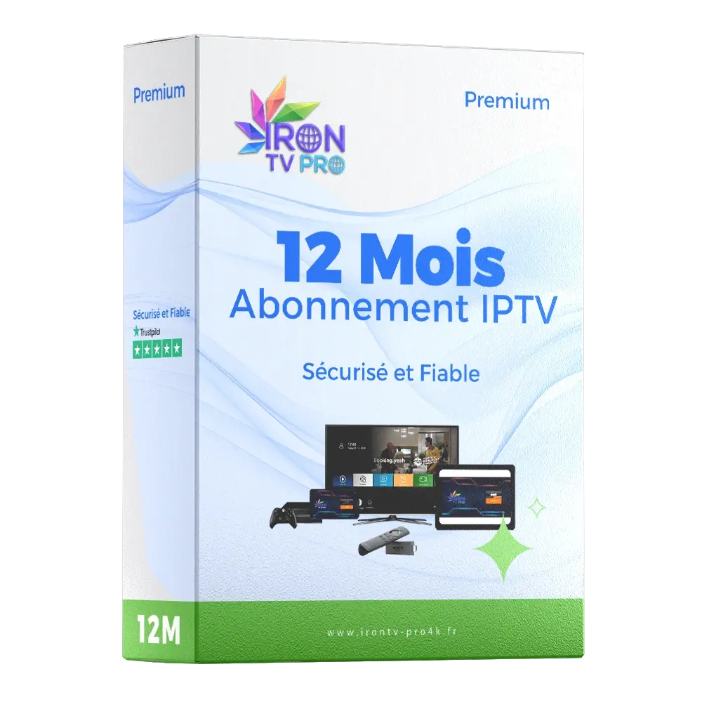 Boîte Abonnement IPTV 12 Mois Premium Iron TV Pro Officiel, service IPTV haut de gamme avec chaînes, films et séries en 4K, sécurisé et compatible Smart TV et Android.