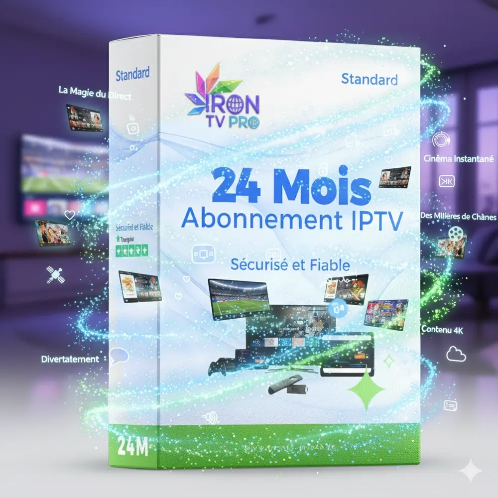 Boîte 24 Mois Abonnement IPTV Standard Iron TV Pro Officiel – service IPTV 4K stable, sécurisé et fluide compatible Smart TV, Android et Box IPTV.
