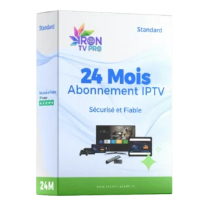 Boîte Abonnement IPTV 24 Mois Standard Iron TV Pro Officiel – service IPTV 4K sécurisé et fiable, compatible Smart TV, Android et Box IPTV.