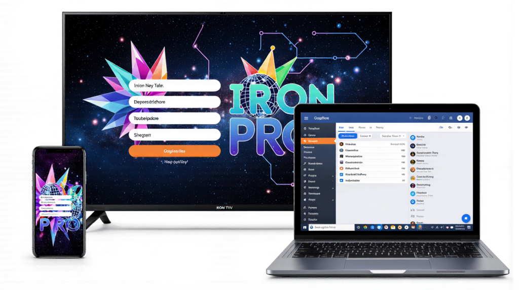 "Iron TV Pro Gratuit 2026 interface on a smart TV screen, showing live IPTV channels for free streaming