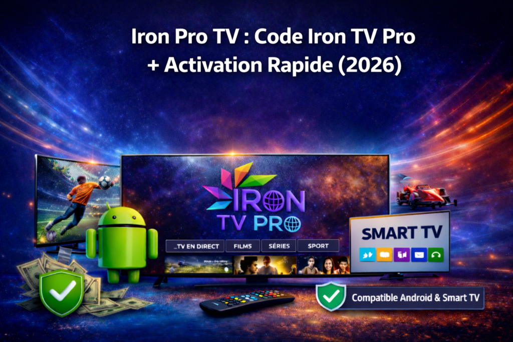 Image promotionnelle Iron Pro TV avec écran Smart TV, logo Iron TV Pro, Android et compatibilité Android & Smart TV, sur fond galaxie.