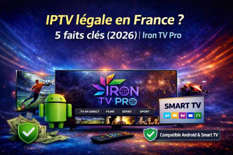 Visuel Iron TV Pro : “IPTV légale en France ? 5 faits clés (2026)” avec écran TV, Android, Smart TV et thème IPTV.
