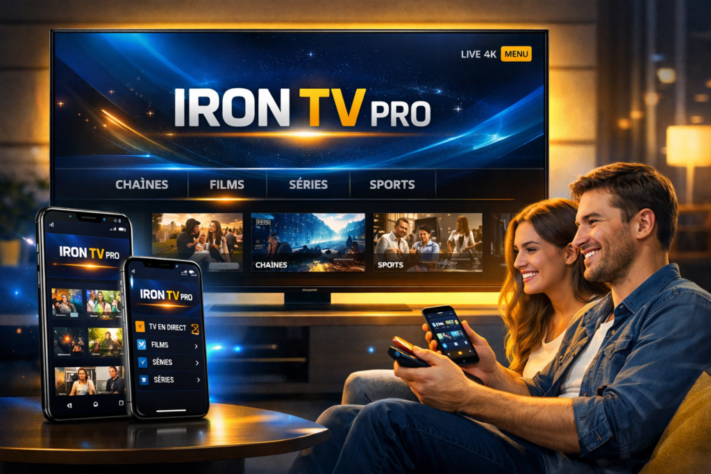 Couple utilisant Iron TV Pro sur Smart TV, Android et iPhone pour regarder des films et séries en 2026