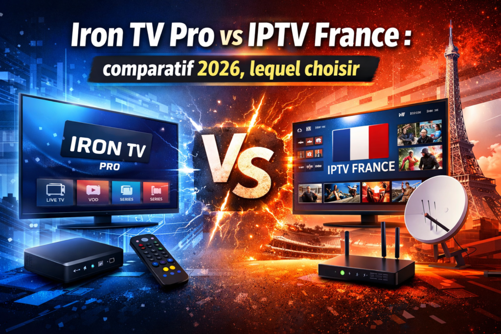 Comparatif Iron TV Pro vs abonnement IPTV France sur écran TV avec interface IPTV moderne en 2026