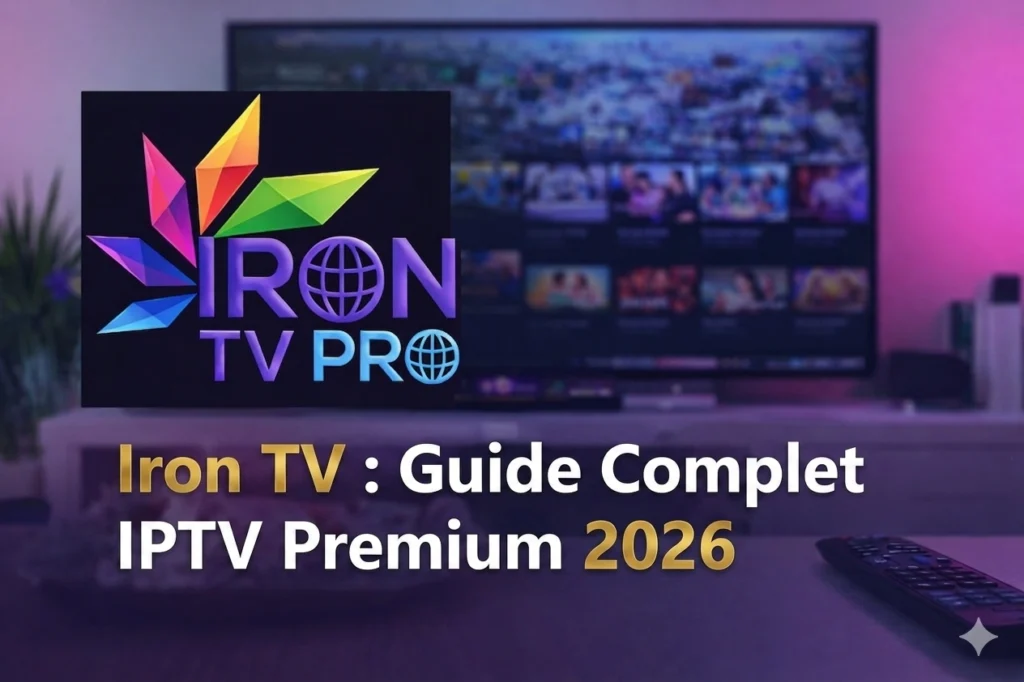 Iron TV Pro guide complet IPTV premium 2026 — logo officiel sur Smart TV HD 4K