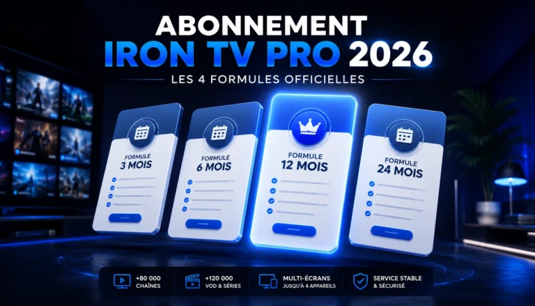 Abonnement Iron TV Pro 2026 : les 4 formules officielles 3, 6, 12 et 24 mois en bleu et blanc premium