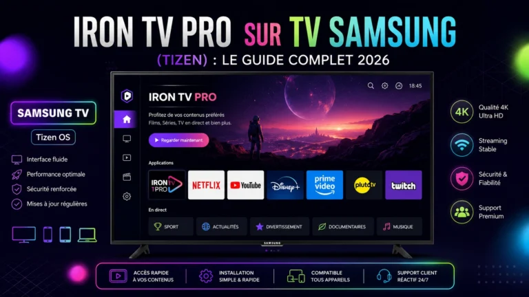 Iron TV Pro affiché sur une TV Samsung Tizen avec interface de streaming 4K