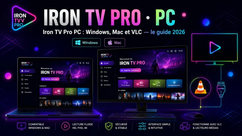 Iron TV Pro PC Windows et Mac avec interface de streaming et lecteur VLC
