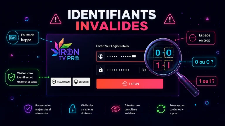 Erreur « identifiants invalides » Iron TV Pro affichée sur un écran de connexion