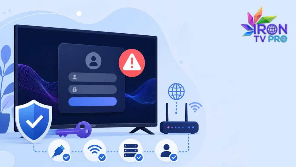 Authorization failed IPTV avec écran de connexion, sécurité et réseau