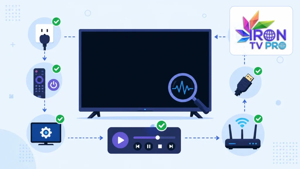 Ecran noir IPTV avec téléviseur, lecteur, HDMI et diagnostic réseau