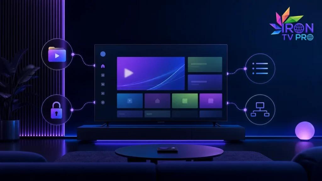 Glossaire IPTV avec télévision, playlist, identifiants et réseau Iron TV Pro