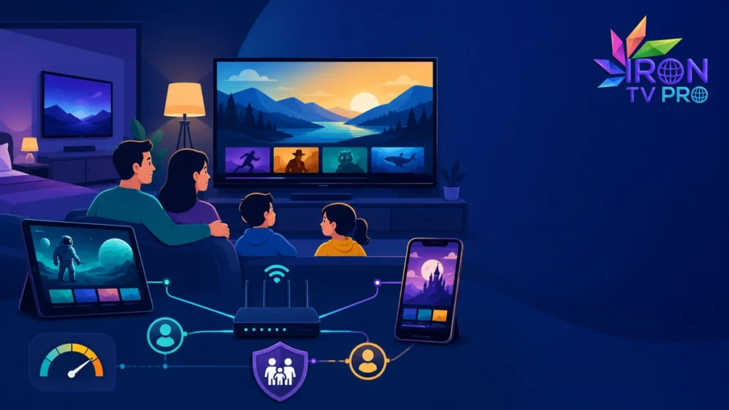 IPTV multi écrans famille sur téléviseurs, tablette et smartphone