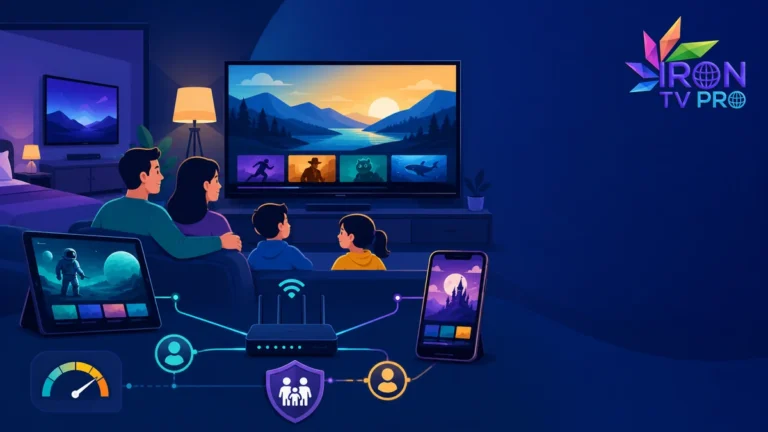 IPTV multi écrans famille sur téléviseurs, tablette et smartphone