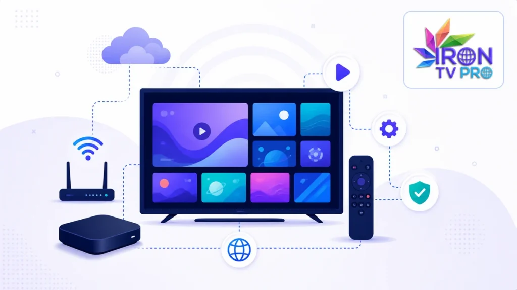 Iron TV Pro Android TV avec box, télécommande et connexion sécurisée