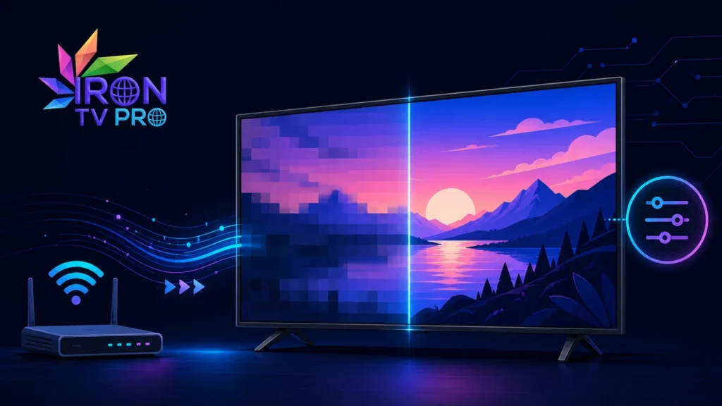 Iron TV Pro image pixelisée comparée à une image nette sur téléviseur