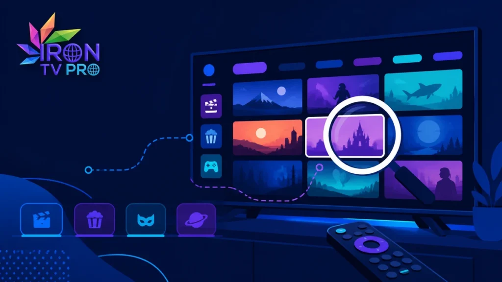 Iron TV Pro recherche de contenu avec loupe et télécommande